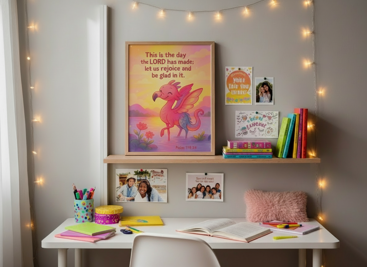 Psalm 118:24 Flamingo-Dragon Wall Art (8x10) – Rejoice and Be Glad – Christian Kids Decor
