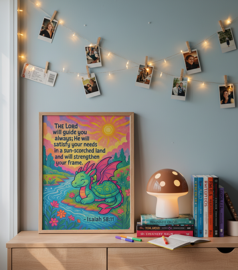 Isaiah 58:11 Turtle-Dragon Wall Art (8x10) – The Lord Will Guide You Always – Christian Kids Decor