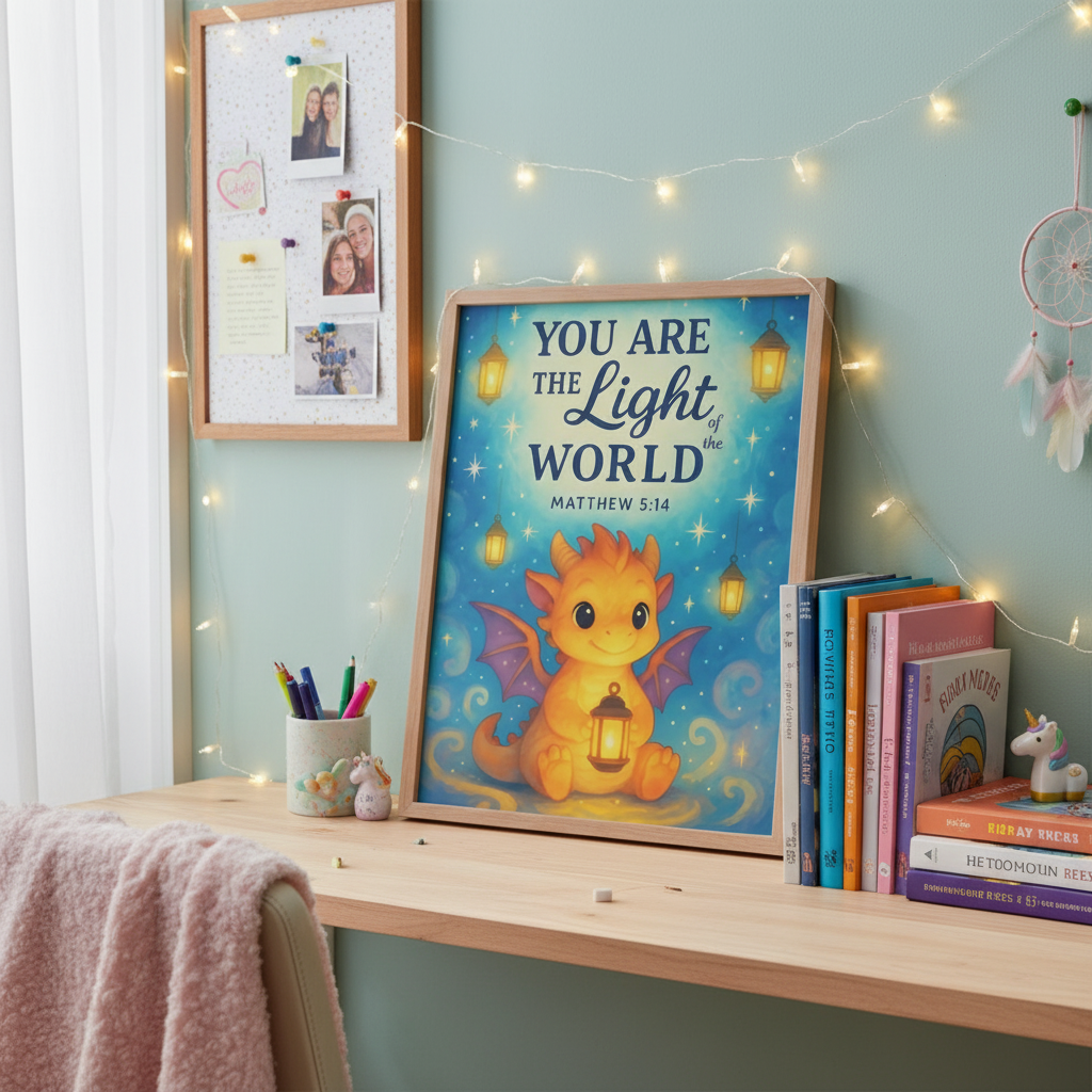 Matthew 5:14 Dragon Wall Art (8x10) – “You Are the Light of the World” – Christian Kids Print
