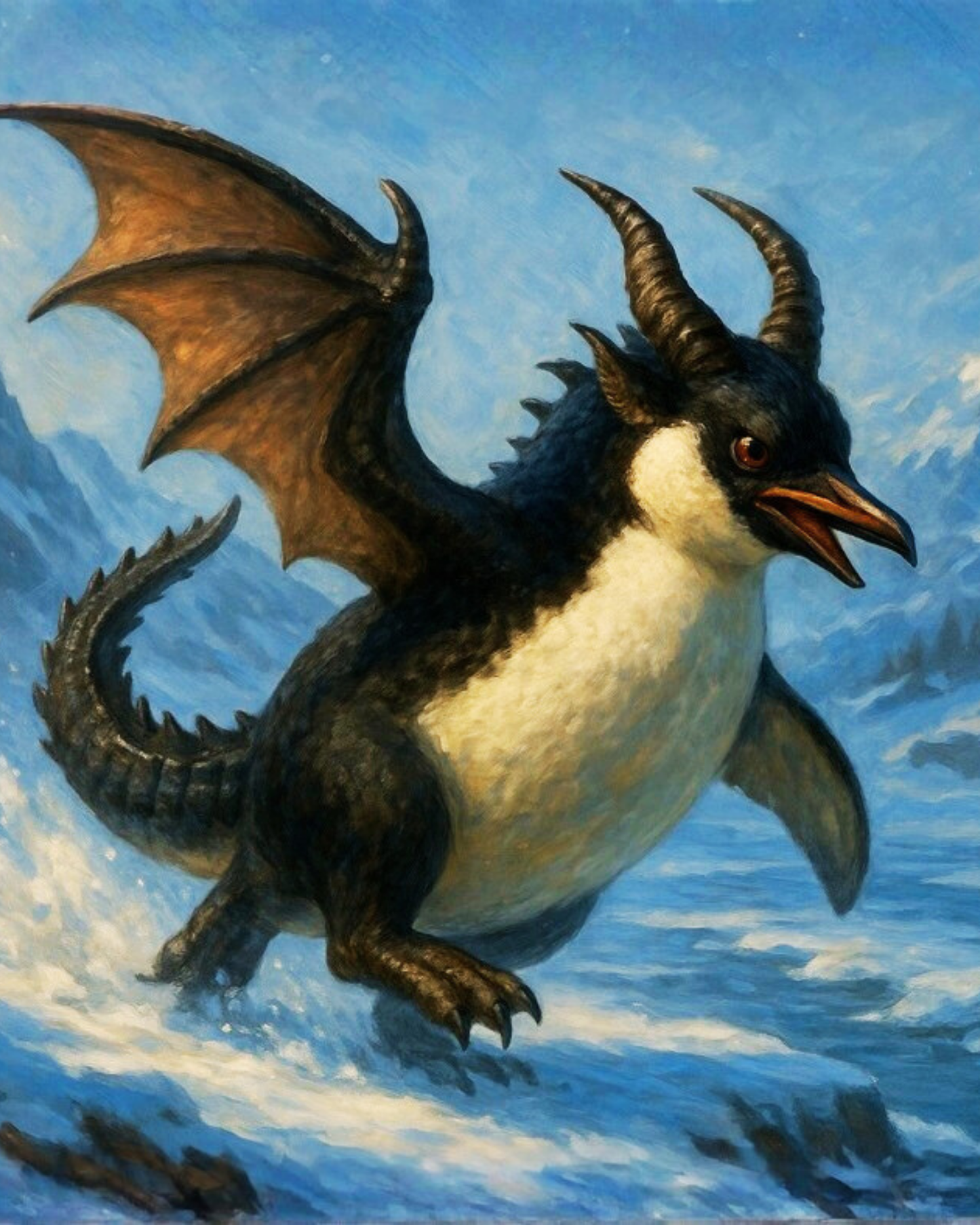 Penguin Dragon Wall Art – Whimsical Winter Adventure Print