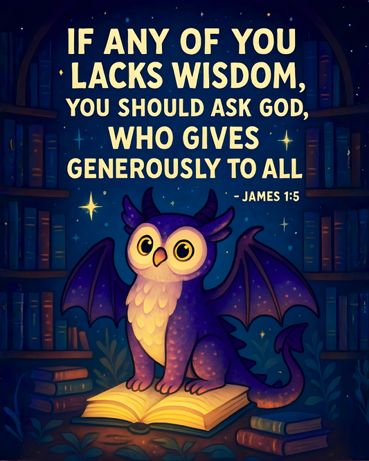 James 1:5 Owl Dragon Wall Art (8x10) – Ask for Wisdom – Christian Kids Fantasy Print