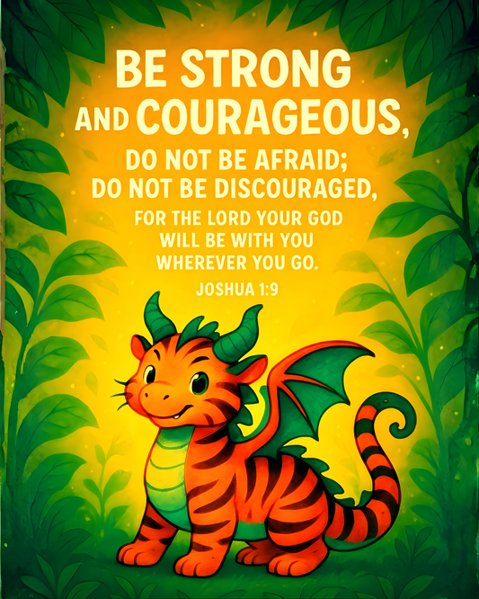 Joshua 1:9 Tiger-Dragon Wall Art (8x10) – Be Strong and Courageous – Christian Kids Decor