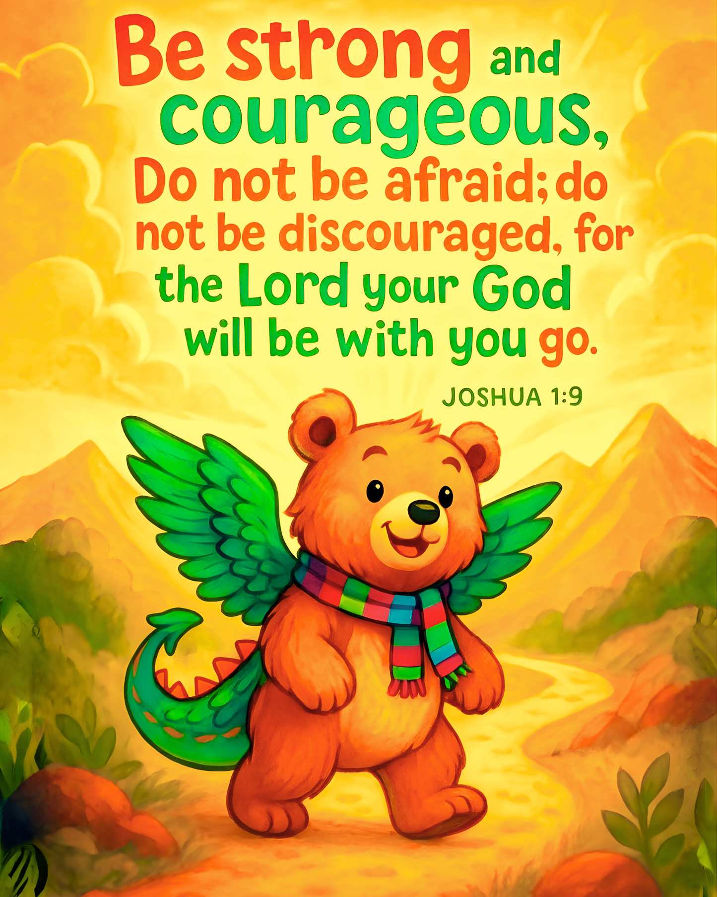 Joshua 1:9 Bear-Dragon Wall Art (8x10) – Be Strong and Courageous – Christian Kids Print