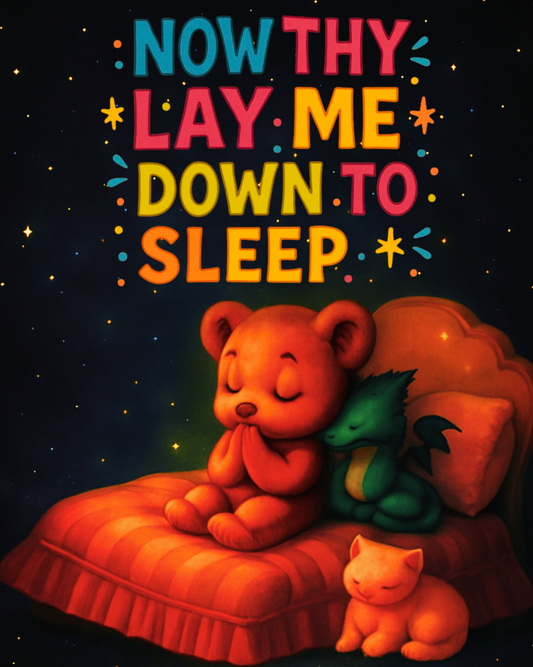 Bedtime Prayer Bear-Dragon Wall Art (8x10) – “Now Thy Lay Me Down to Sleep” – Christian Kids Decor