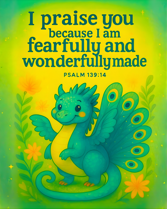 Psalm 139:14 Peacock-Dragon Wall Art (8x10) – Fearfully and Wonderfully Made – Christian Kids Decor