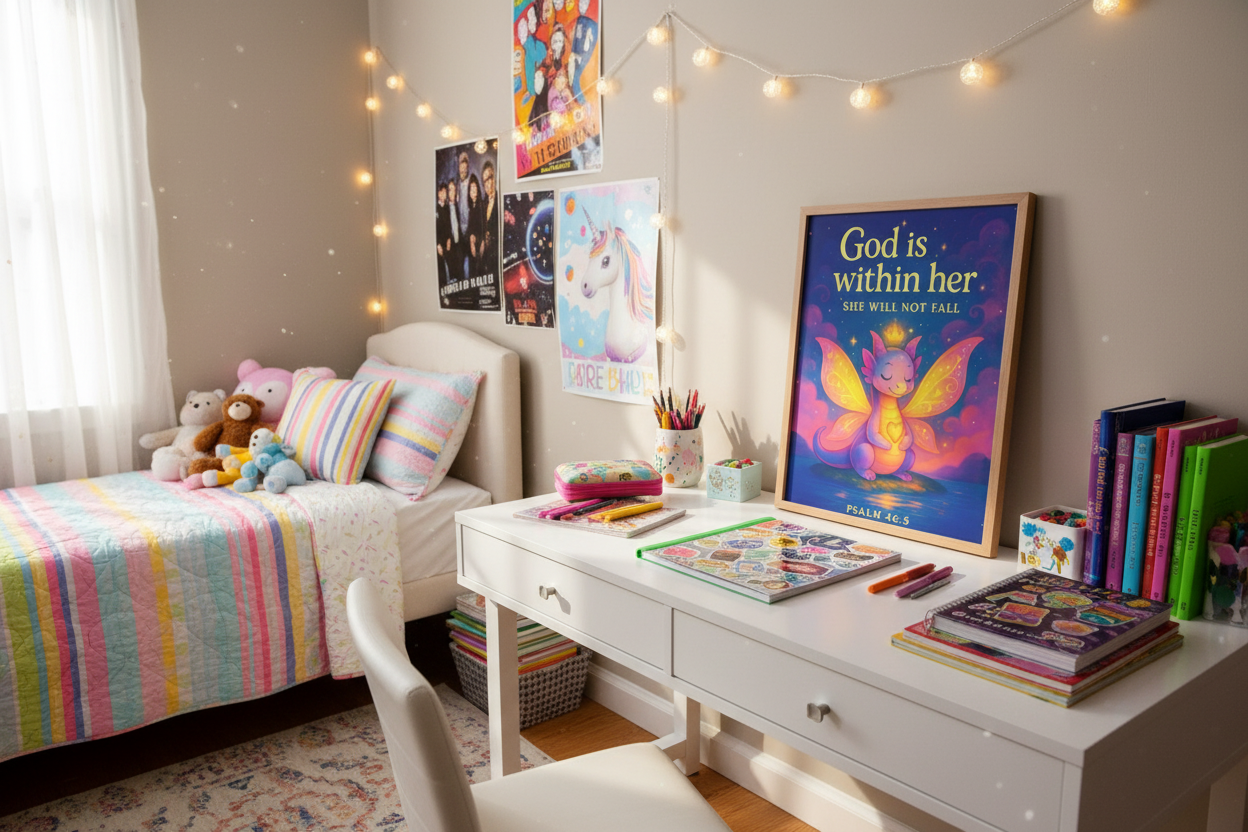 Psalm 46:5 Dragon Wall Art (8x10) – “God Is Within Her, She Will Not Fall” – Girls’ Christian Decor