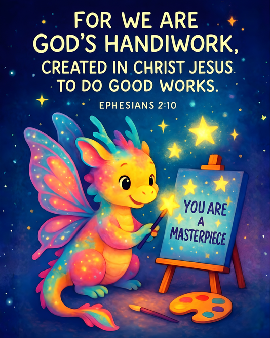 Ephesians 2:10 Dragon Wall Art (8x10) – God’s Handiwork – “You Are a Masterpiece” Christian Kids Print
