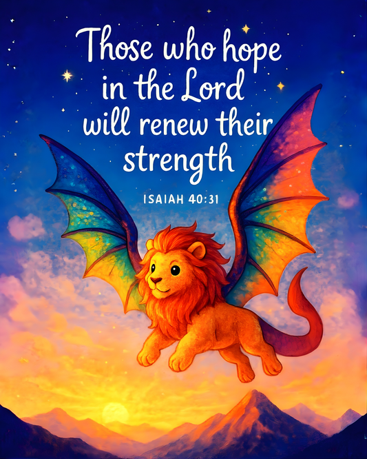 Isaiah 40:31 Lion-Dragon Wall Art (8x10) – Those Who Hope in the Lord – Christian Kids Decor