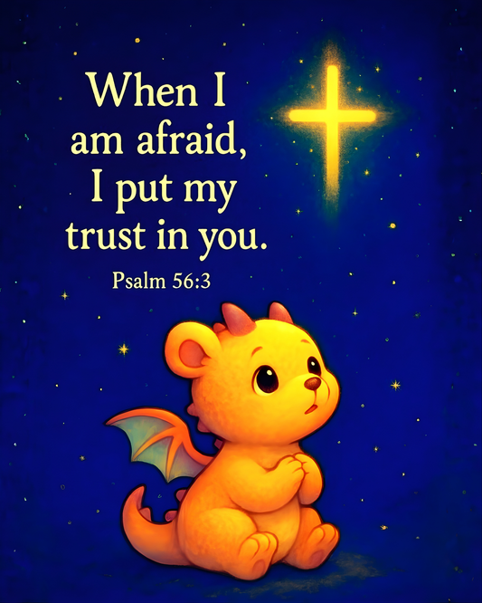 Psalm 56:3 Bear-Dragon Wall Art (8x10) – “When I Am Afraid, I Put My Trust in You” – Christian Kids Decor
