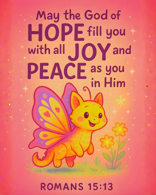 Romans 15:13 Butterfly-Kitten Dragon Wall Art (8x10) – Joy and Peace – Christian Kids Decor