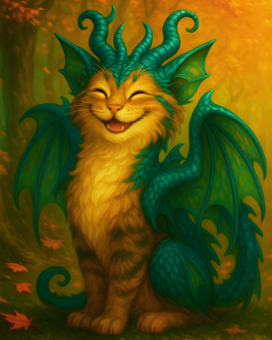 Joyful Forest Cat-Dragon Art Print – Whimsical Fantasy Wall Decor