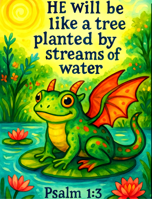 Psalm 1:3 Frog Dragon Wall Art (8x10) – Like a Tree Planted by Water – Inspirational Kids Scripture Print