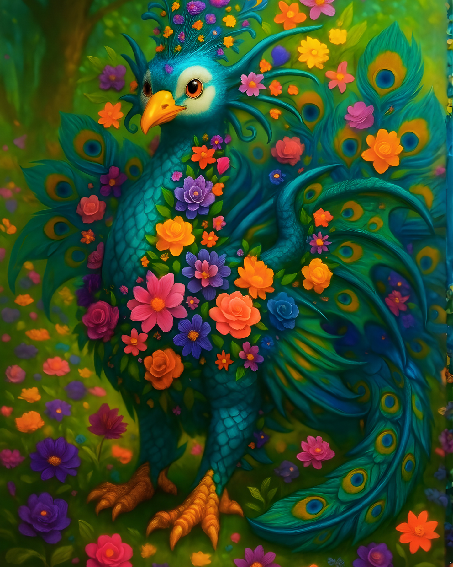 Regal Peacock Dragon Wall Art – Whimsical Fantasy Art Print