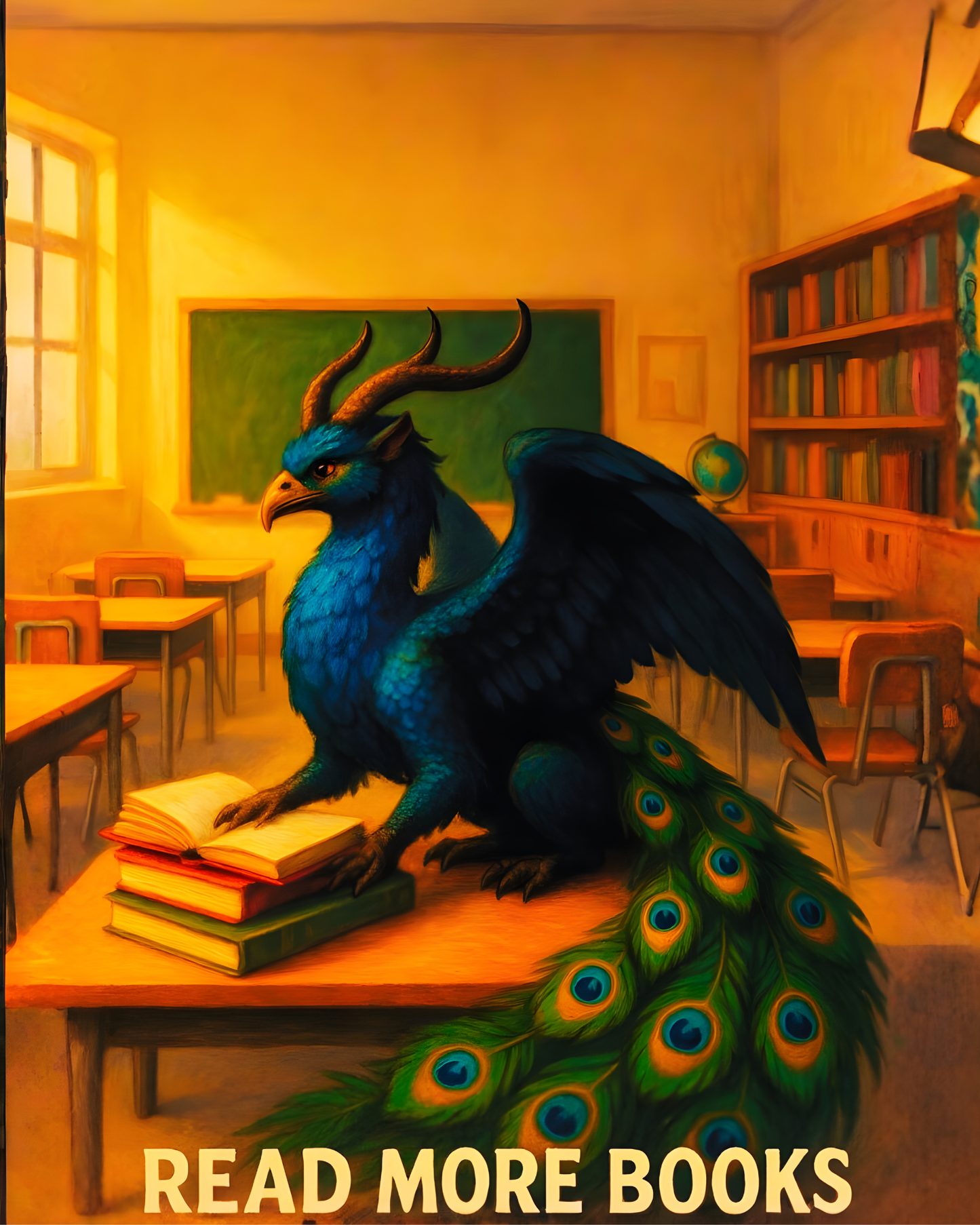 Peacock Dragon Reading Wall Art – Whimsical Classroom Fantasy Print
