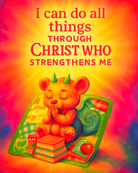 Philippians 4:13 Praying Bear-Dragon Scripture Wall Art (8x10) – “I Can Do All Things Through Christ” – Christian Kids Decor