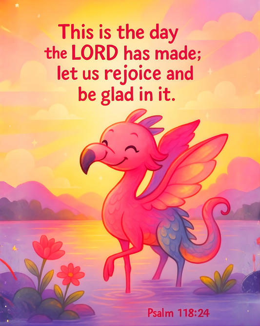 Psalm 118:24 Flamingo-Dragon Wall Art (8x10) – Rejoice and Be Glad – Christian Kids Decor