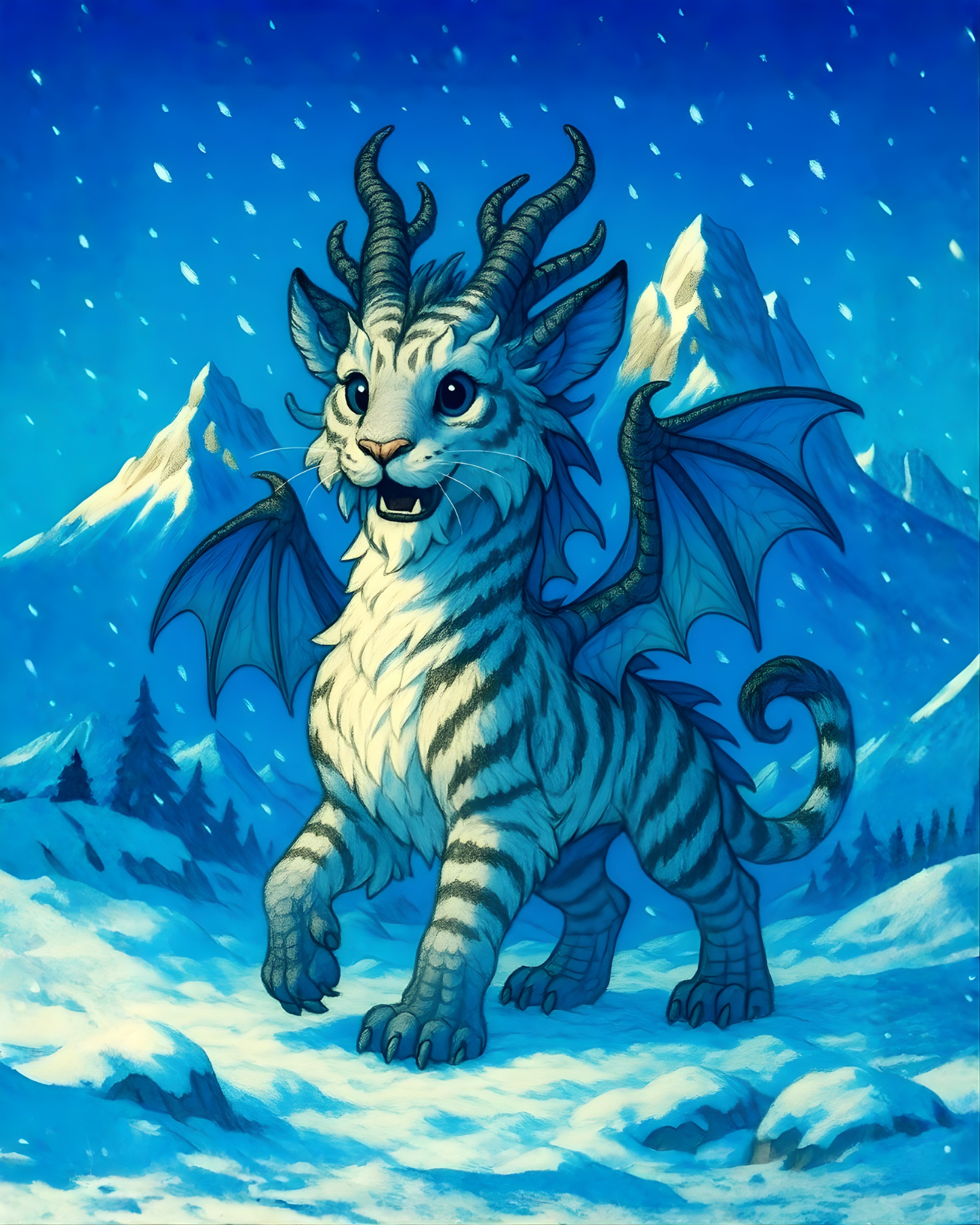Snow Tiger Dragon Wall Art – Whimsical Winter Fantasy Print