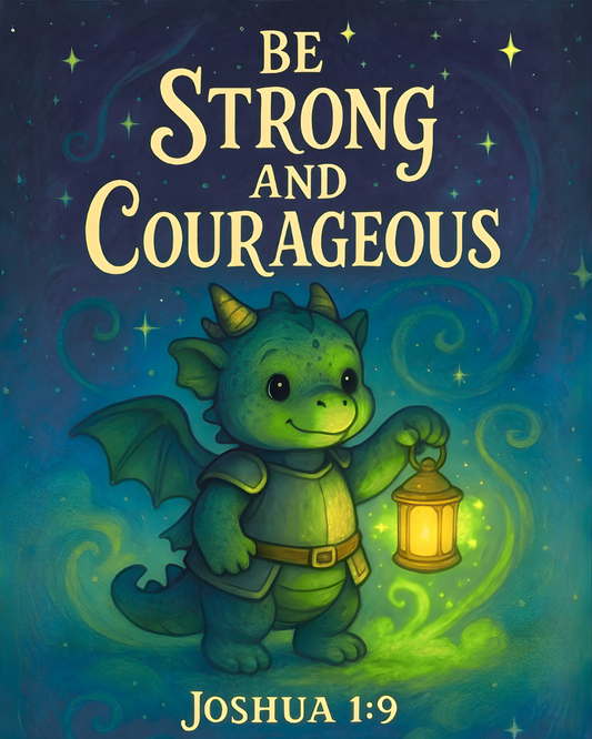 Joshua 1:9 Armored Dragon Wall Art (8x10) – Be Strong and Courageous – Christian Kids Decor