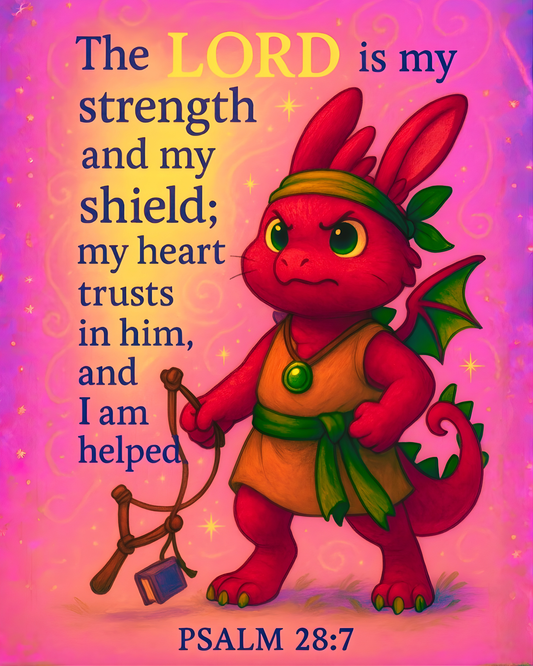 Psalm 28:7 Warrior Dragon Wall Art (8x10) – The LORD Is My Strength and My Shield – Christian Kids Decor