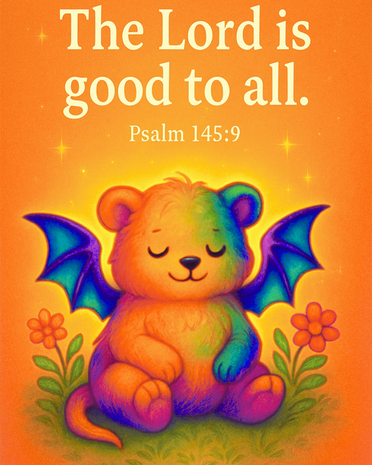 Psalm 145:9 Rainbow Bear-Dragon Wall Art (8x10) – The Lord Is Good to All – Christian Kids Decor