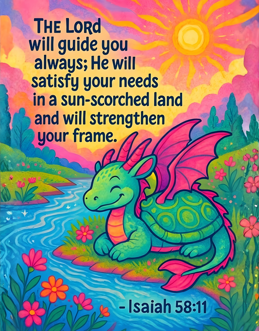 Isaiah 58:11 Turtle-Dragon Wall Art (8x10) – The Lord Will Guide You Always – Christian Kids Decor