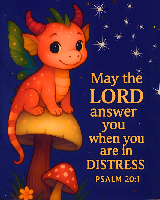 Psalm 20:1 Mushroom-Dragon Wall Art (8x10) – The LORD Answers in Distress – Christian Kids Decor