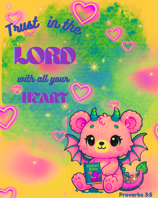 Proverbs 3:5 Neon Bear-Dragon Wall Art (8x10) – Trust in the LORD – Christian Kids Decor