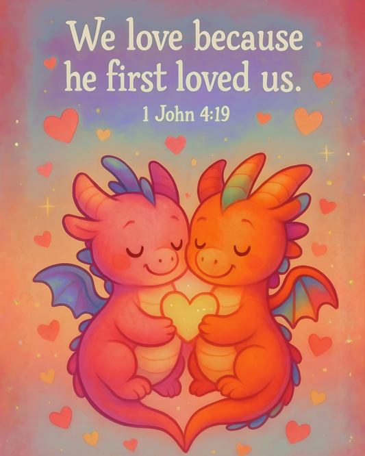 1 John 4:19 Dragon Wall Art (8x10) – We Love Because He First Loved Us – Christian Kids Decor