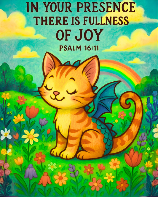 Psalm 16:11 Cat-Dragon Wall Art (8x10) – Fullness of Joy – Christian Kids Decor