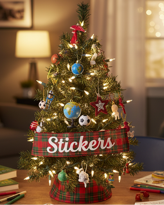a small Christmas tree on a middle schooler's desk with ribbon across the front that says "Stickers."