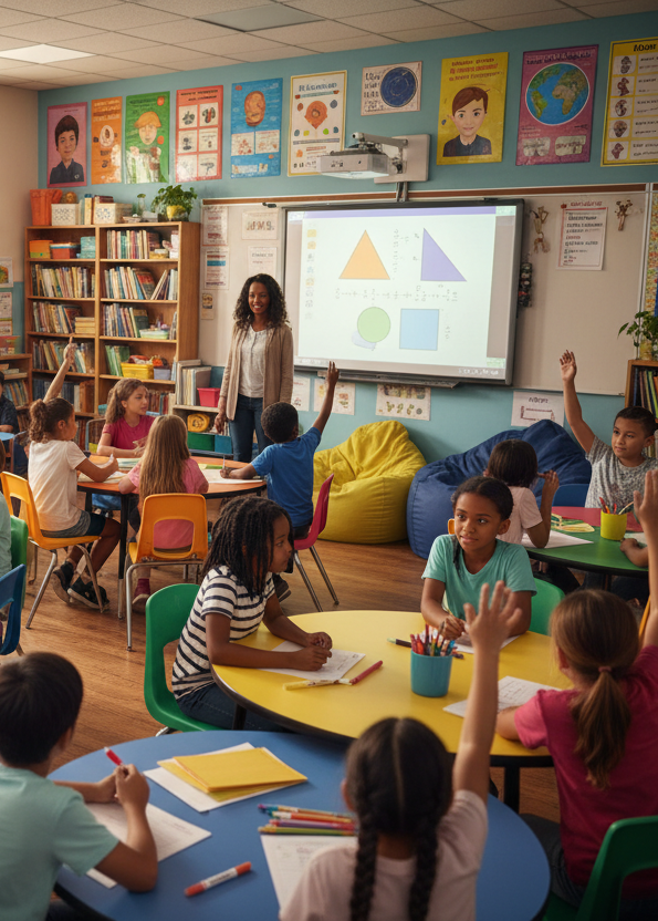 create a colorful middle school classroom with children of different ethnicities