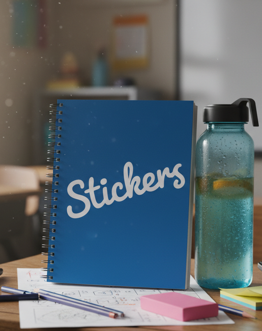 Please make the notebook royal blue with the word "Stickers" written on it, but keep everything else the same.
